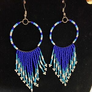 Vibrant Blue and light blue Beaded Fringe Earrings